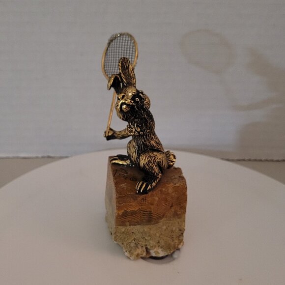 Gold Plated Rabbit Hare Playing Tennis on Petrified Wood/Agate Ron Lee 1980s - Picture 2 of 6